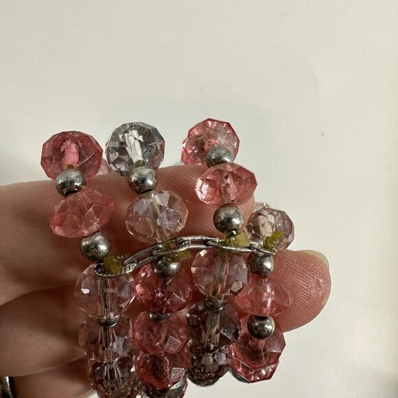 Three Strand Pink and Silver Color Translucent Beaded Bracelet - Picture 2 of 4
